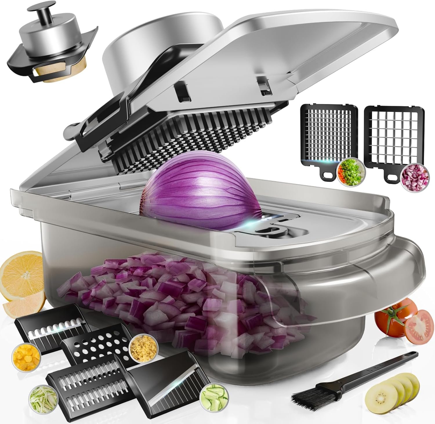 Vegetable Chopper Stainless Steel, 9-in-1 Mandoline Food Slicer for Kitchen, Veggie Chopper with Container, Vegetable Cutter for Salad,Potato,Carrot, Onion and Fruit, Home Essentials