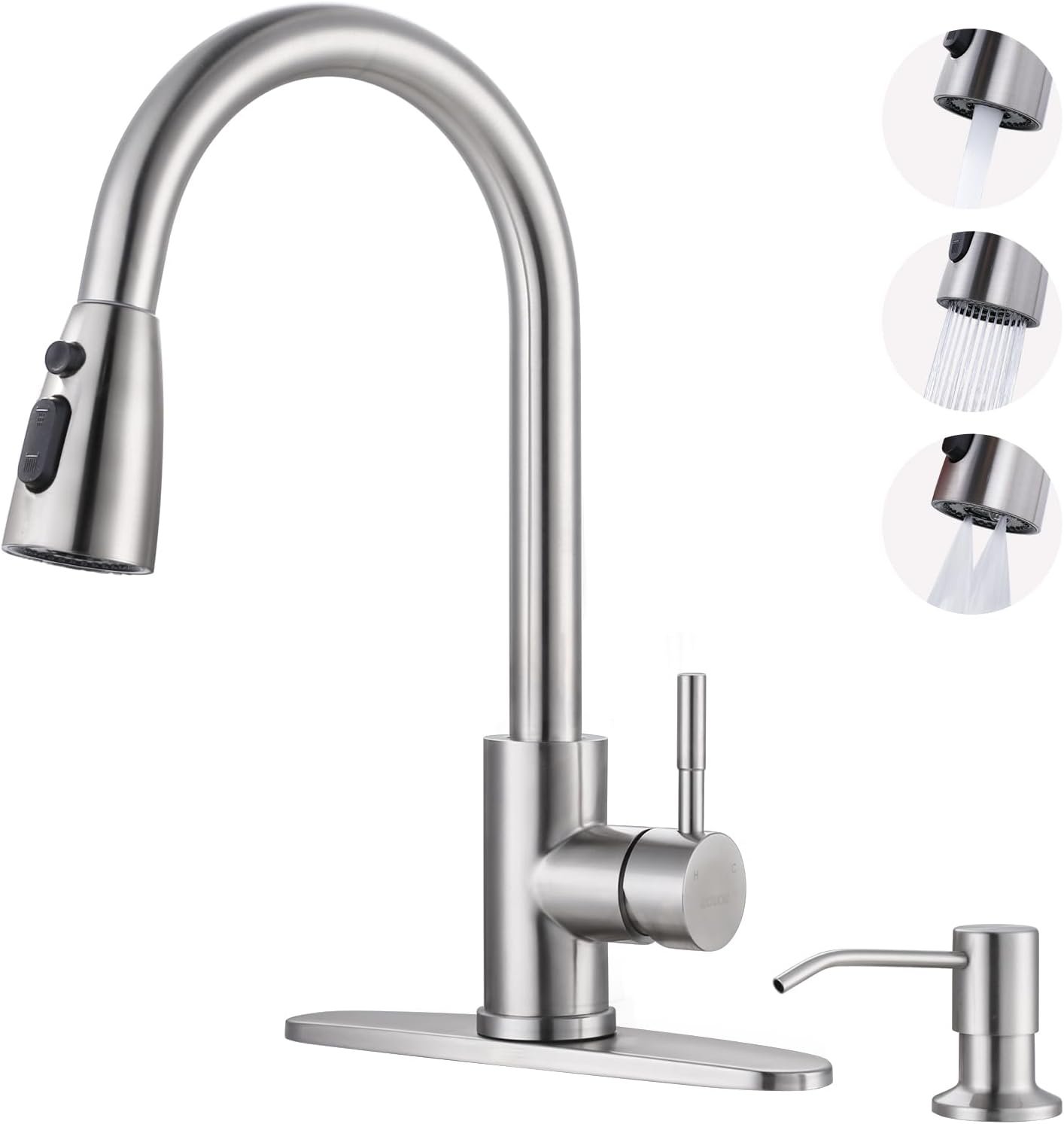 WOWOW Kitchen Faucet with Soap Dispenser, Stainless Steel Pull Down Faucet Brushed Nickel Utility Faucet Single Handle High Arc Kitchen Tap for Sink, RV, Laundry, Bar