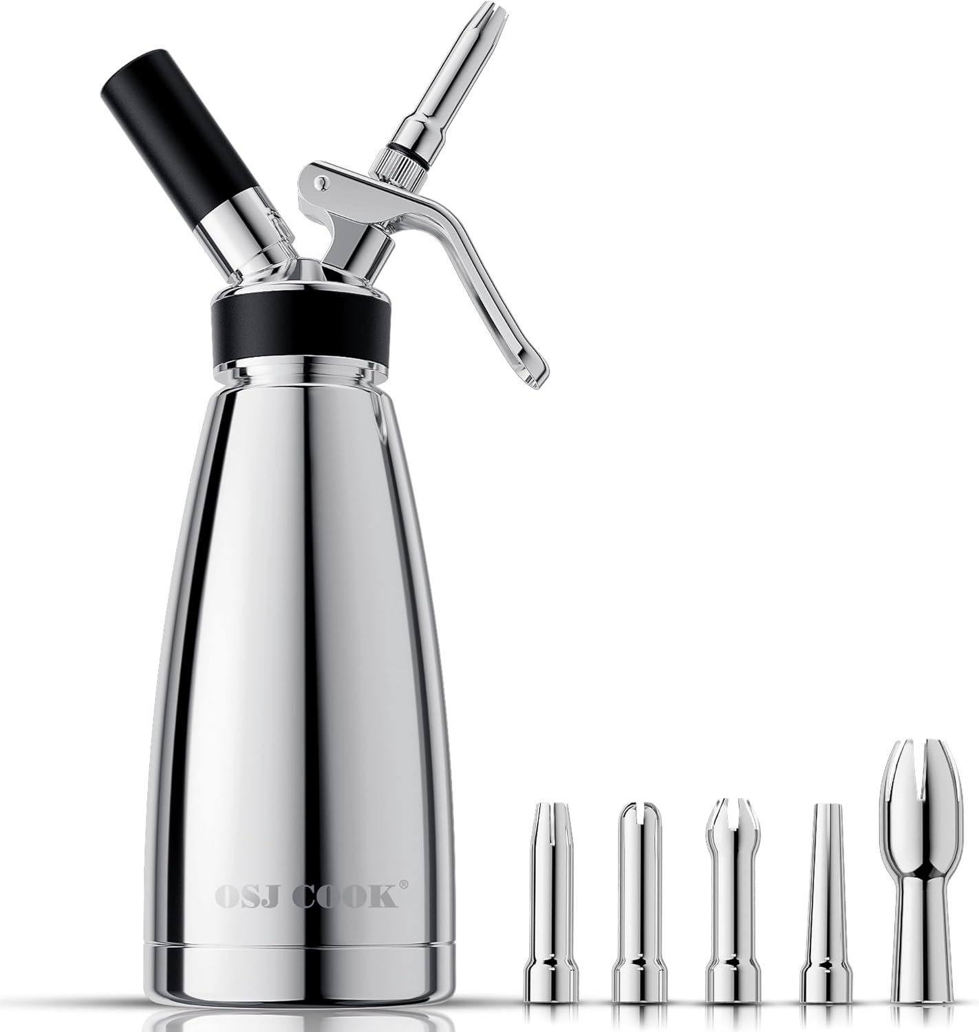 Whipped Cream Dispenser Stainless Steel Keep Warm and Cold,500mL/1 Pint Double Wall Thermos Whipped Cream Maker,5 Various Stainless Decorating Nozzles,1 Cleaning Brush,N2O Chargers NOT Included