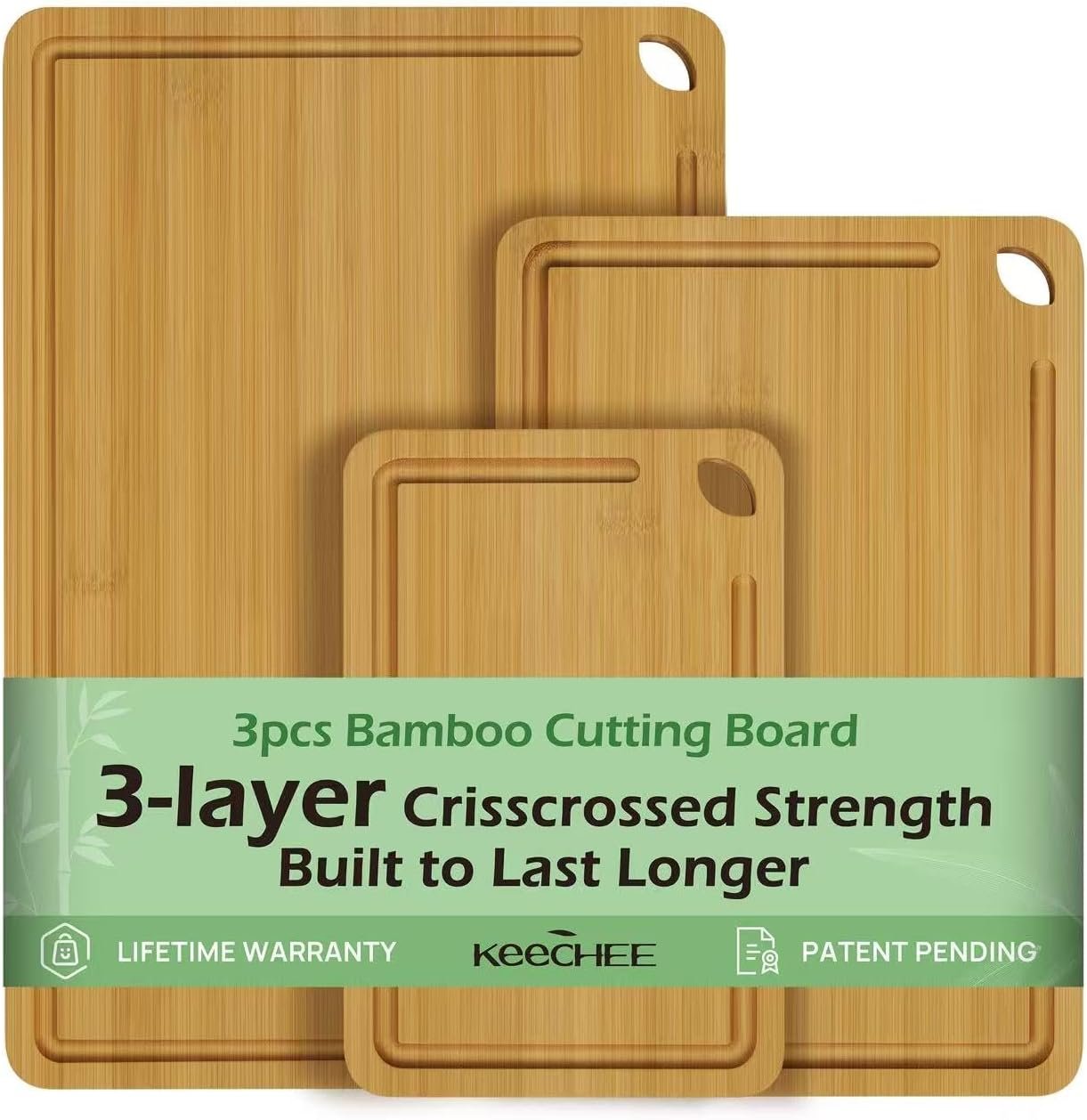Wood Cutting Board for Kitchen – Reversible Bamboo Cutting Boards Gift Set of 3 with Juice Groove, Wooden Chopping Board for Meat, Fruit, Vegetables & Cheese (Pre Oiled, Natural)