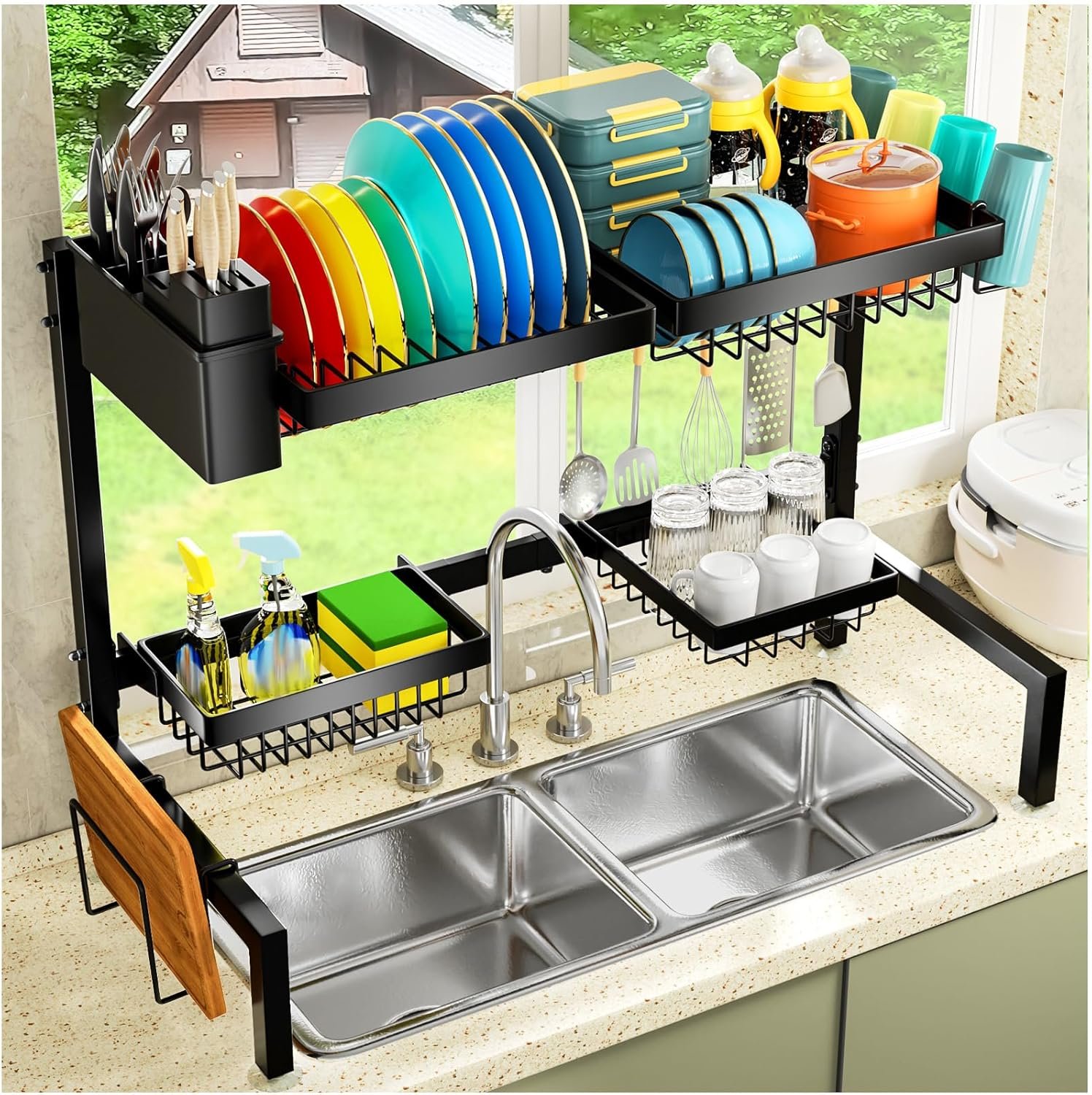 YKLSLH 4 Baskets Over The Sink Dish Drying Rack, Extendable Large Capacity Sink Rack, Metal Drying Rack Saving Space,for Most Sinks (24.8 “-35.4”)