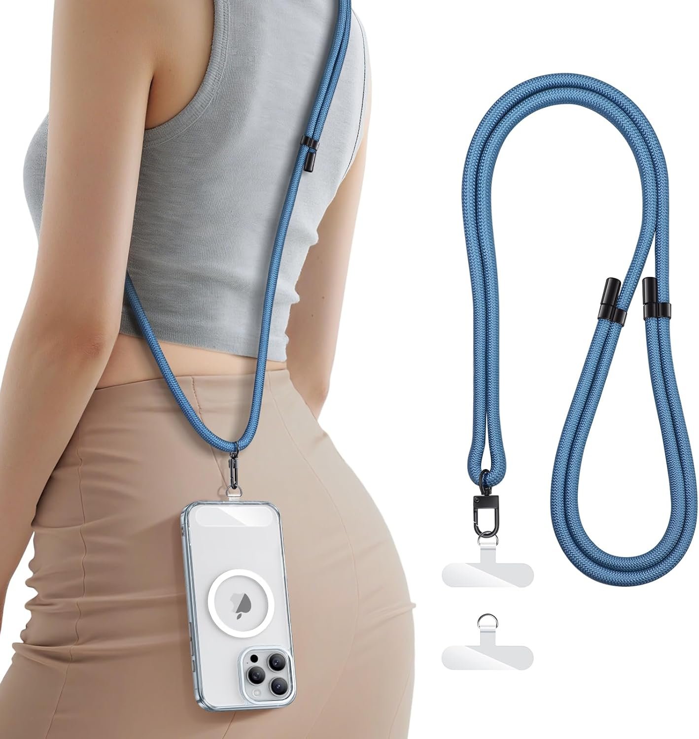 for Phone Lanyard Crossbody with 2X TPU Clear Phone Pads, Flexible Adjustable Anti Theft Neck Strap, Premium Metal Buckles, Skin-Friendly, Universal Wrist Chain for Most Smartphones, Blue